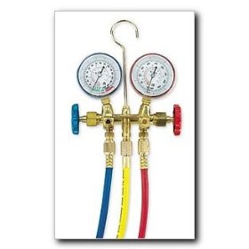 Show details of FJC R134a Brass Manifold Gauge Set with 36" Hoses and Quick Couplers.