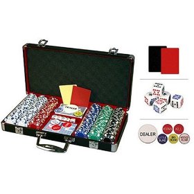 Show details of Premium 300 Diamond Suited Poker Chip Set w/black aluminum case, 6 dealer buttons, 2 Cut Cards, 5 dice and 2 playing card decks.